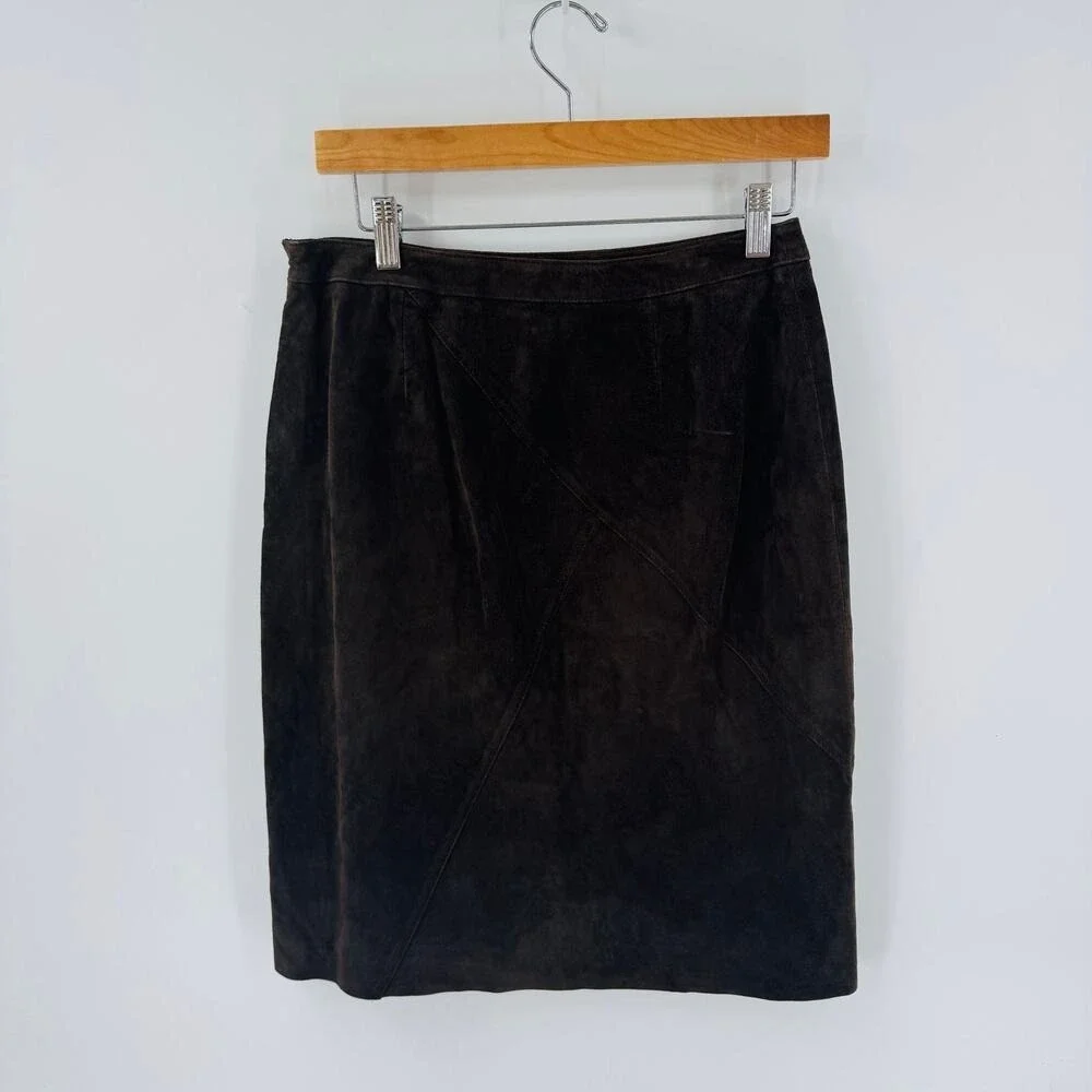 Vintage Kate Hill‎ Suede Skirt 8P Petite 100% Leather Classic Brown Timeless